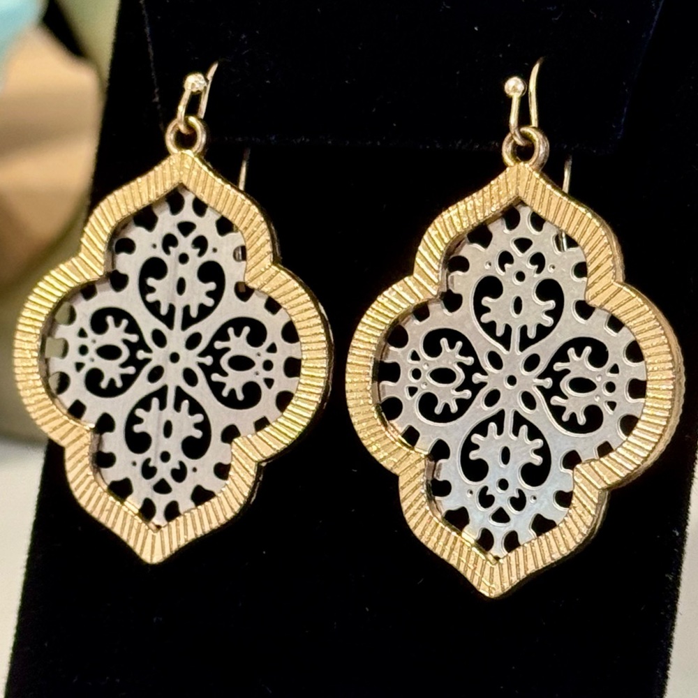 Moroccan Filagree Earrings Medallion Scroll Cut-Out Two-Tone Bohemian Da… - Picture 4 of 5